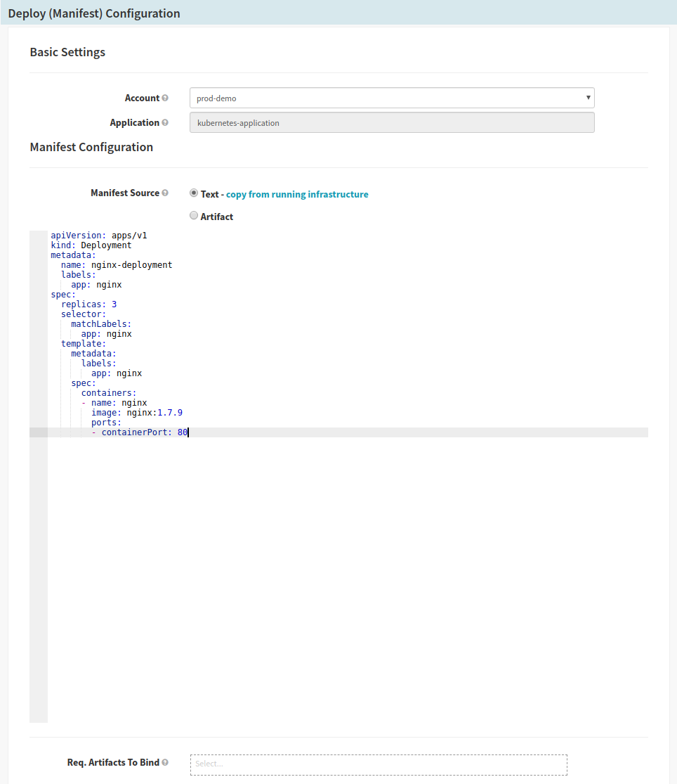 Notice that by selecting Text as the Manifest Source, we get to enter the manifest YAML by hand.