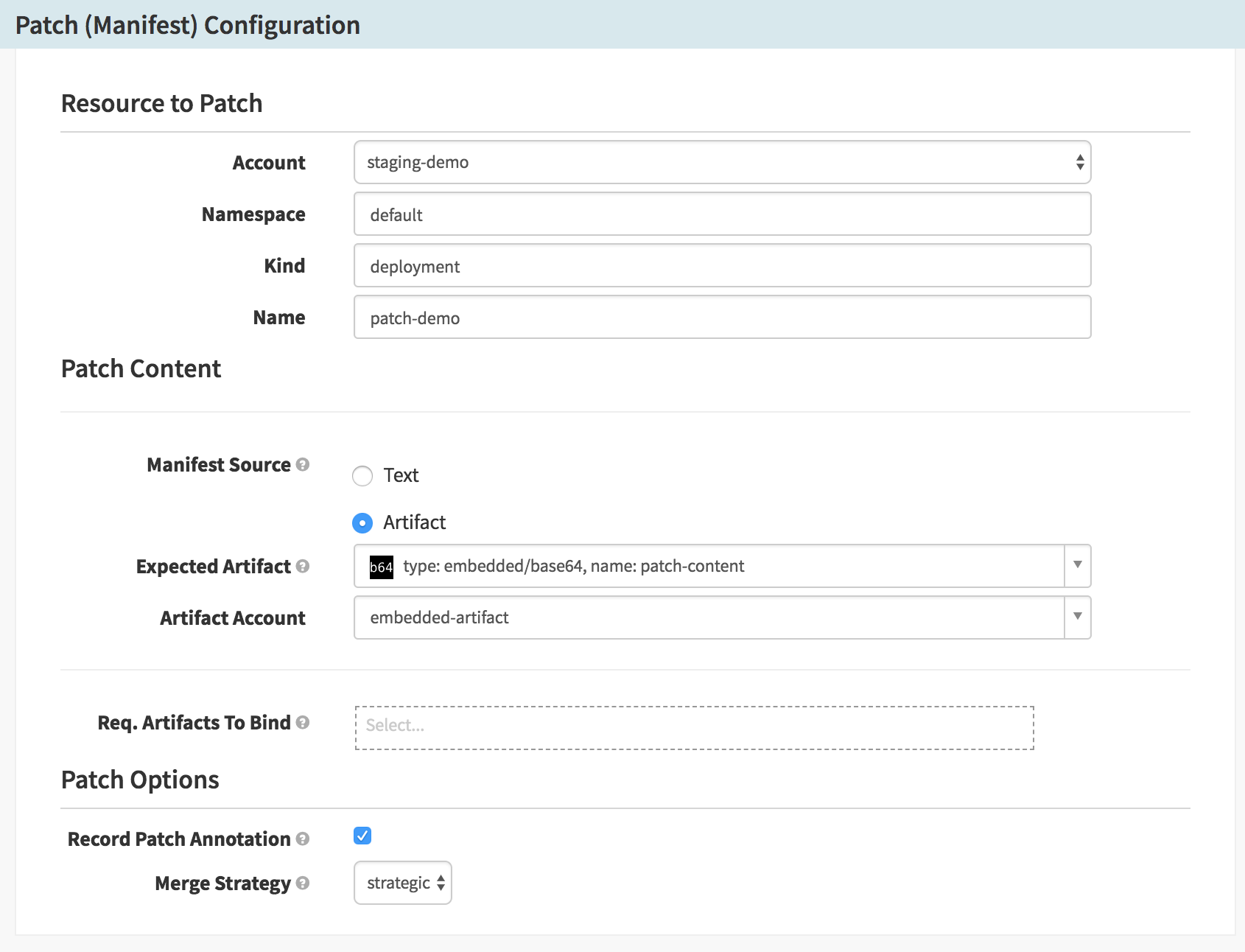 Notice that by selecting Artifact as the Manifest Source, we get to pick which upstream artifact to deploy.
