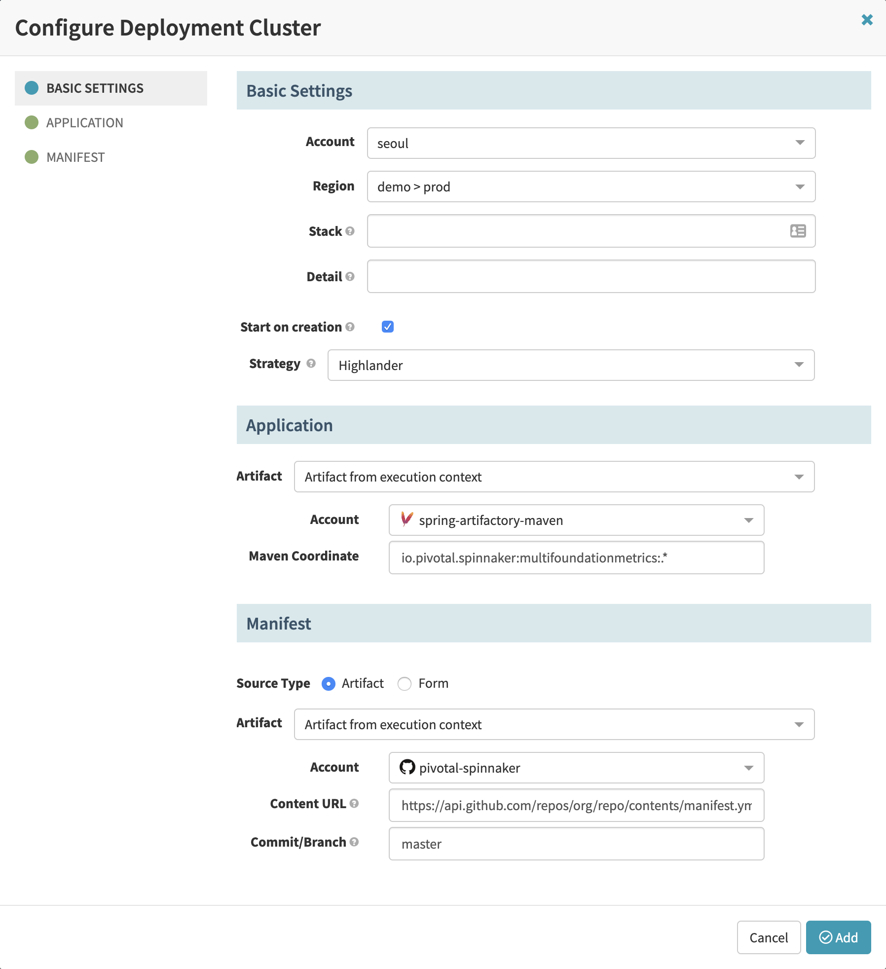 In a Deploy stage, choose a GitHub file artifact as the manifest source for a server group.