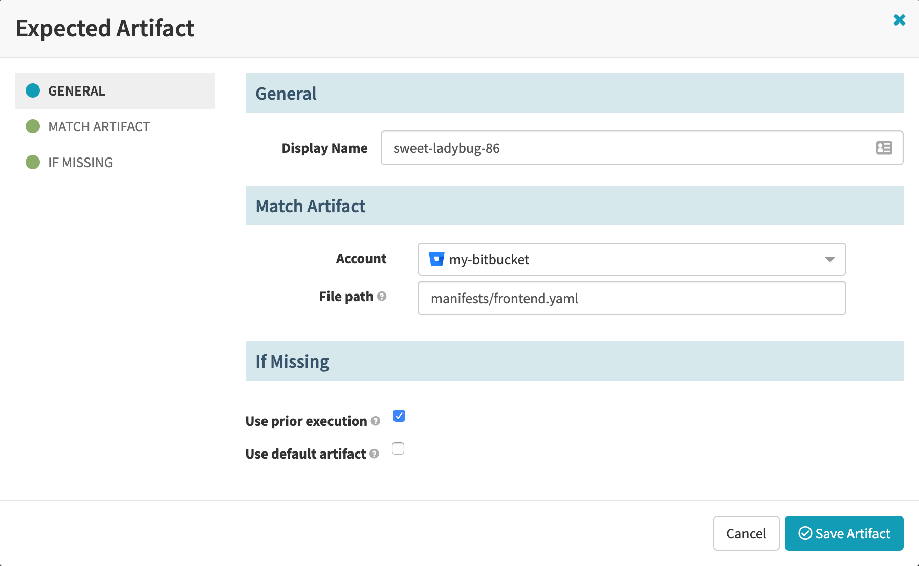 Configuring Bitbucket file fields in a pipeline trigger&rsquo;s expected artifact settings.