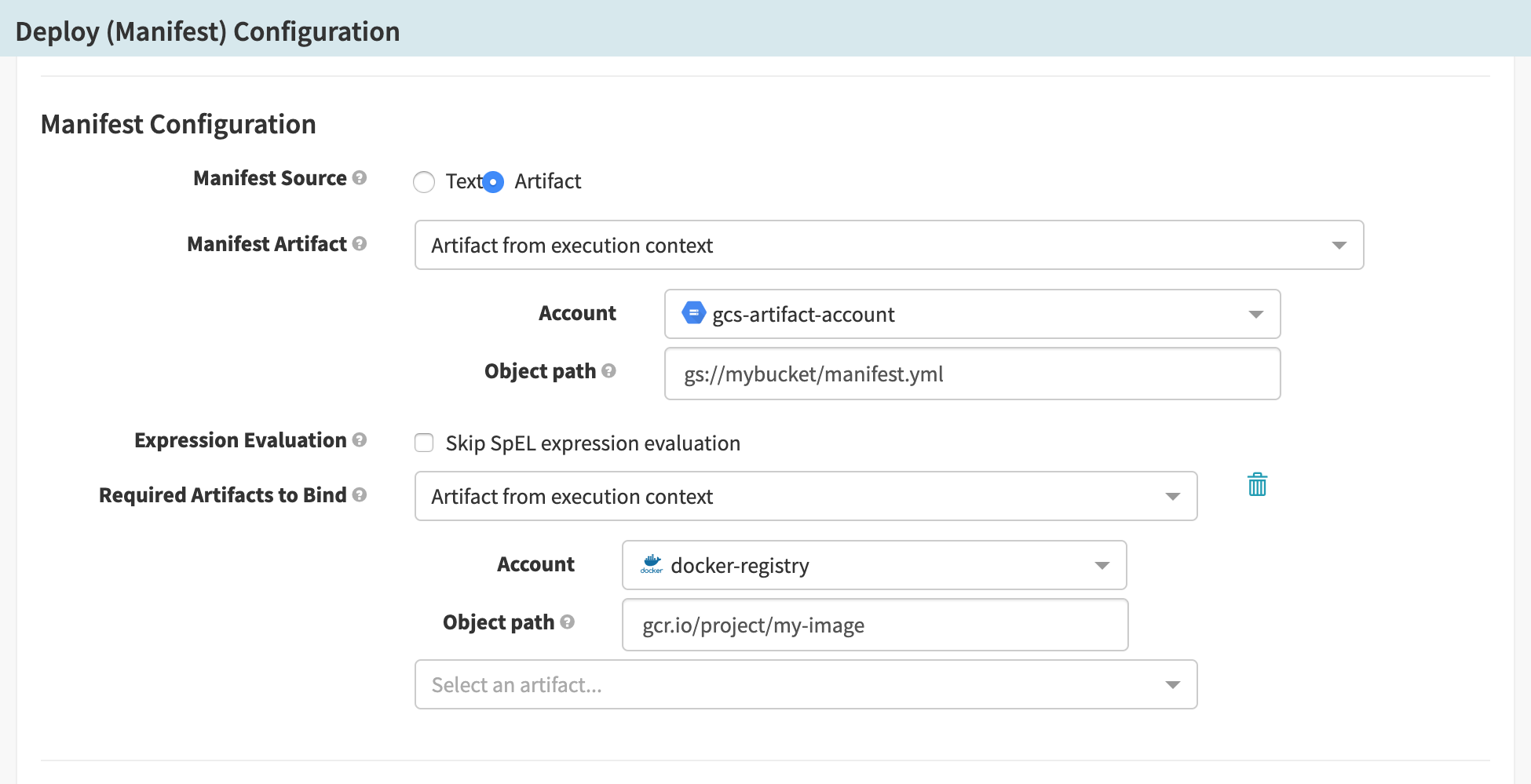 Configuring a Deploy (Manifest) stage to use a Docker image as a required artifact.