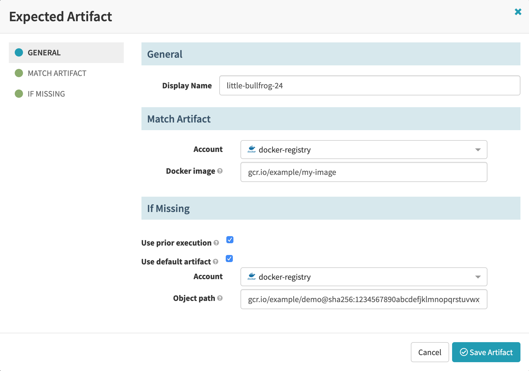 Configuring Docker image fields in a pipeline trigger&rsquo;s expected artifact settings.