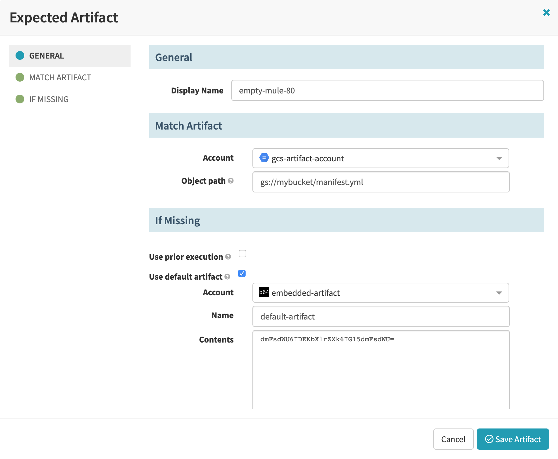 Providing an embedded Base64 default artifact for a trigger&rsquo;s expected artifact.