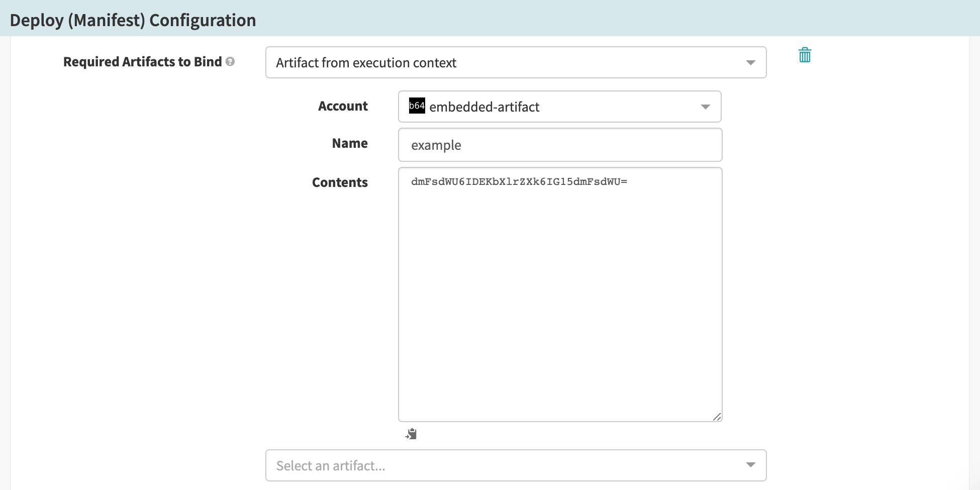Configuring a Deploy (Manifest) stage to use an embedded artifact.