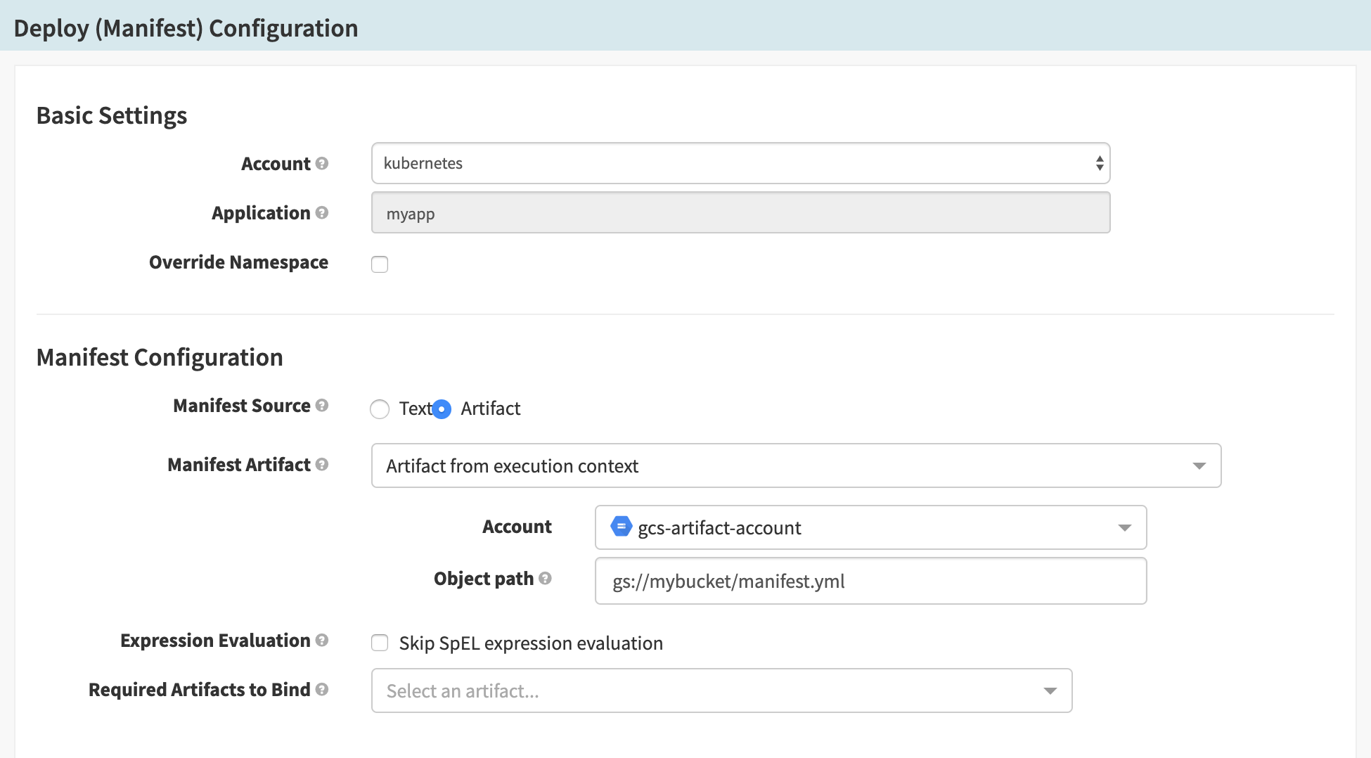 Configuring a Deploy (Manifest) stage to use a GCS object as a manifest source.