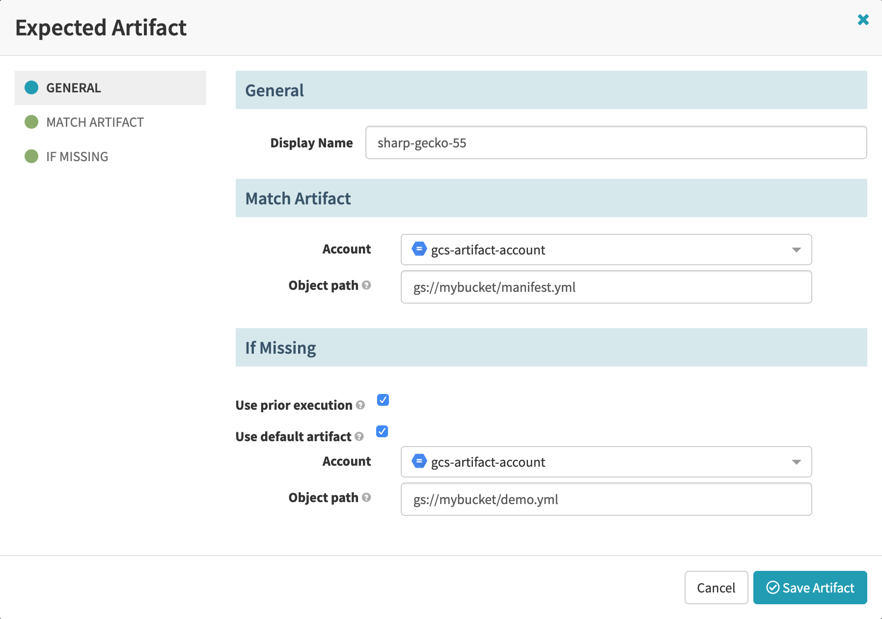 Configuring GCS object fields in a pipeline trigger&rsquo;s expected artifact settings.