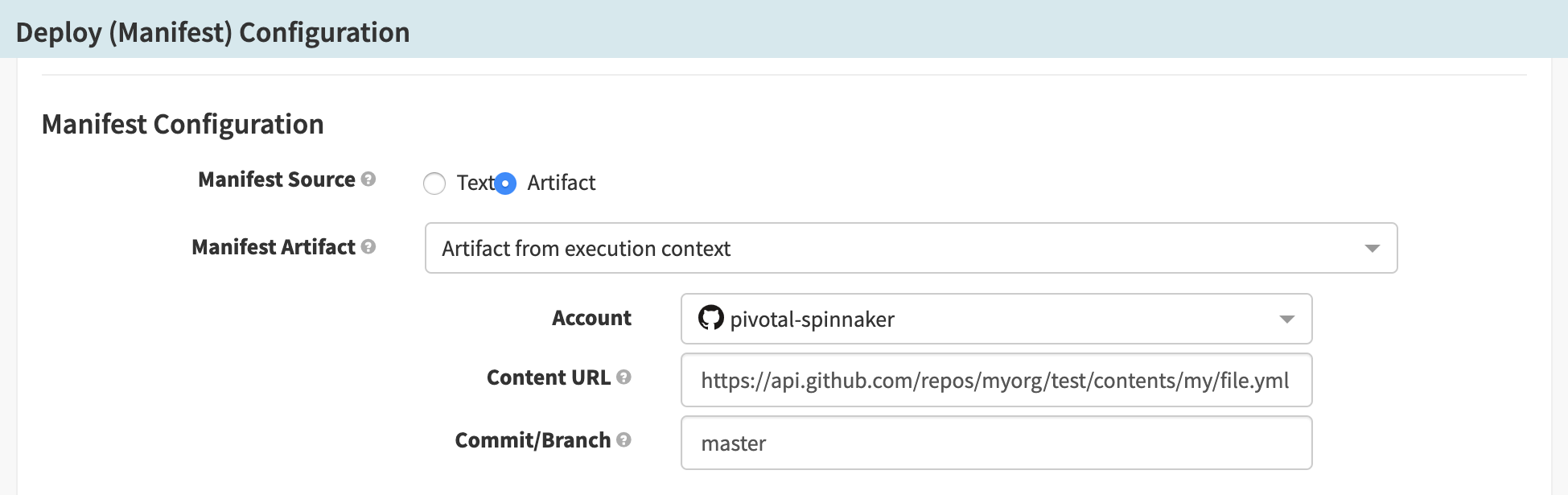 Configuring a Deploy (Manifest) stage to use a GitHub file as a manifest source.