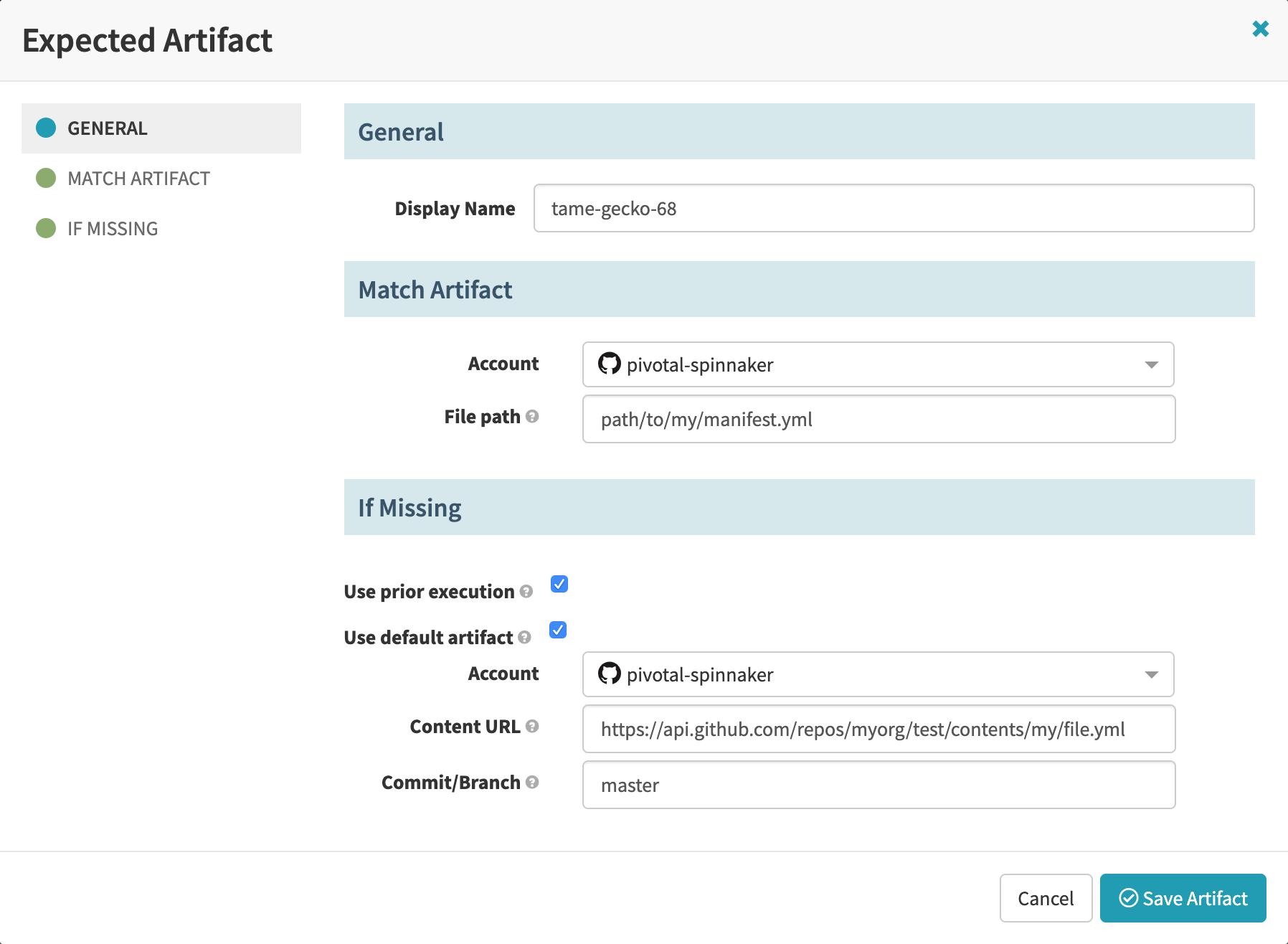 Configuring GitHub file fields in a pipeline trigger&rsquo;s expected artifact settings.