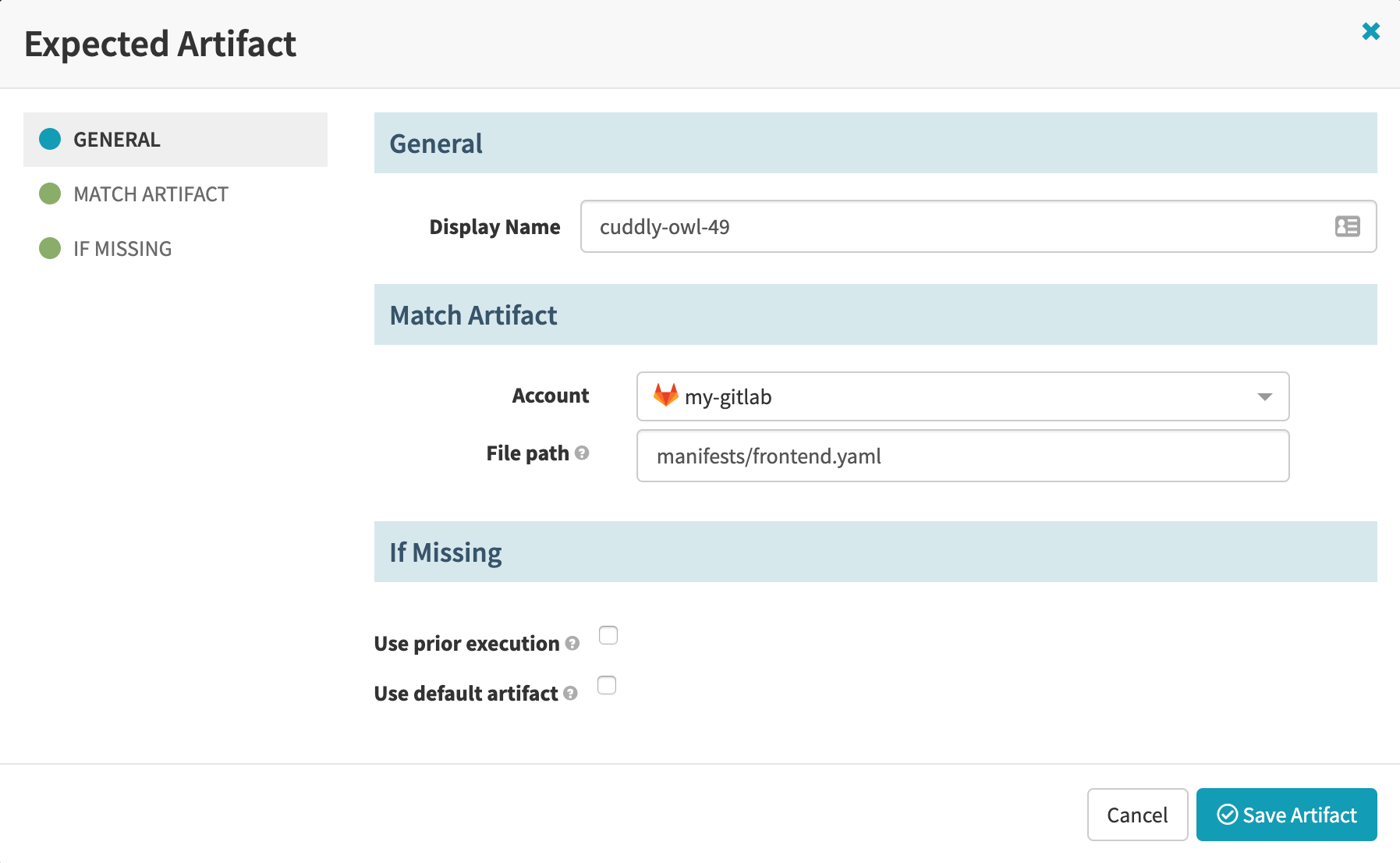 Configuring GitLab file fields in a pipeline trigger&rsquo;s expected artifact settings.