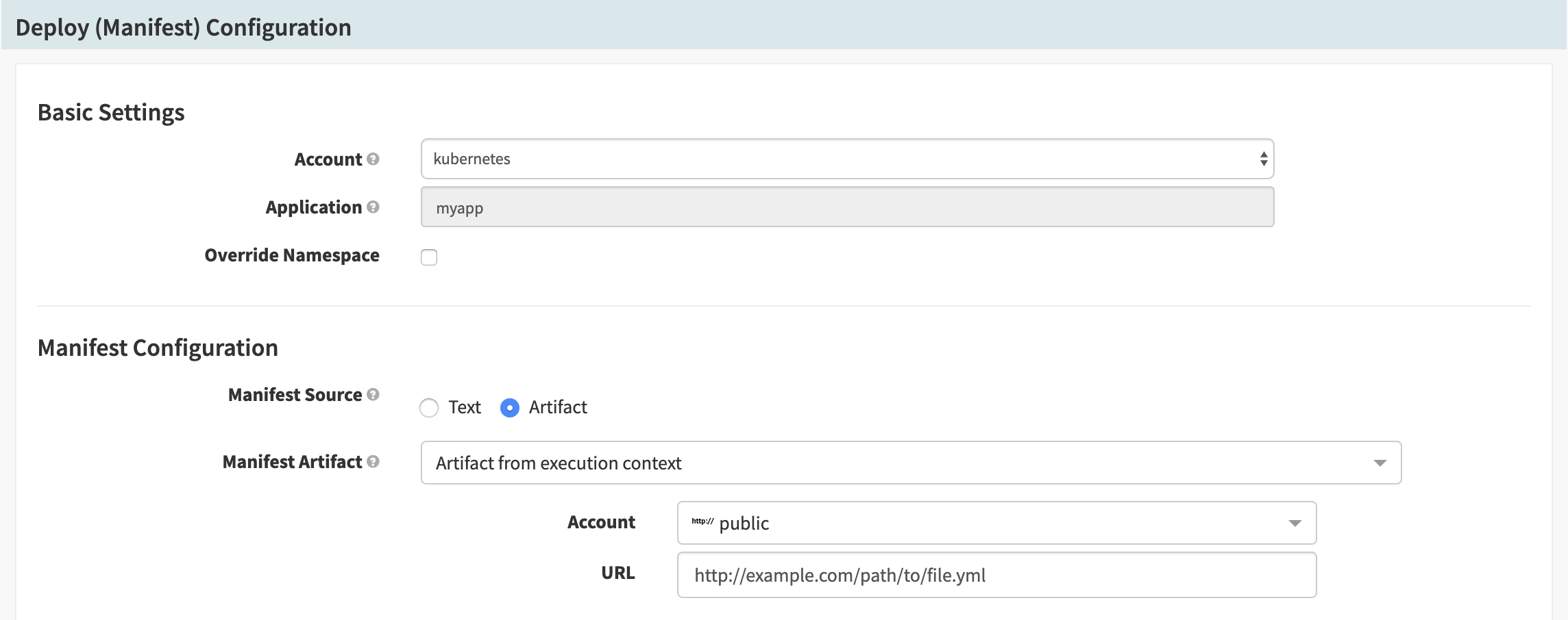 Configuring a Deploy (Manifest) stage to use an HTTP file as a manifest source.