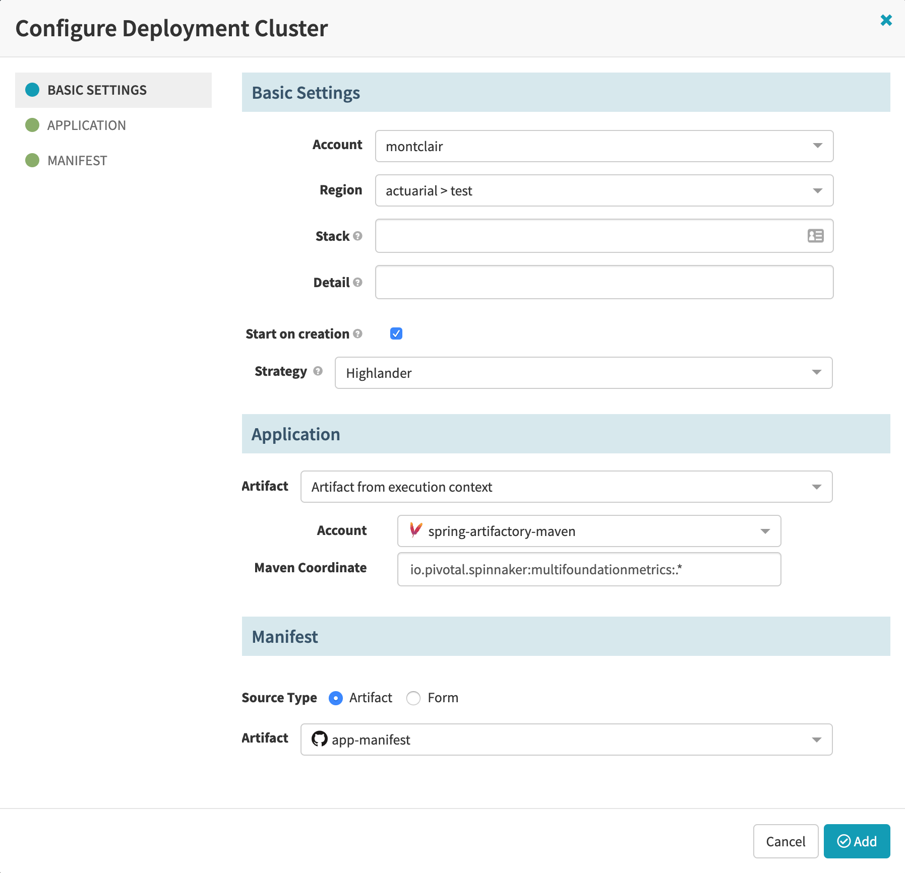 Configuring a Deploy stage to use a Maven artifact as an application artifact.