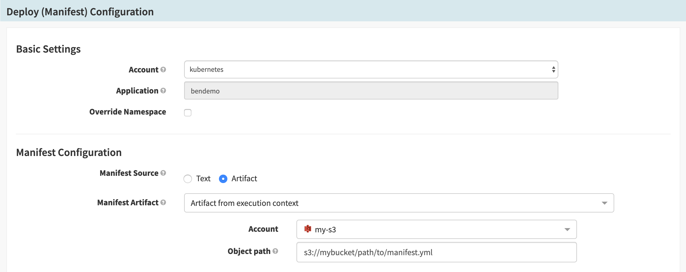 Configuring a Deploy (Manifest) stage to use an S3 object as a manifest source.