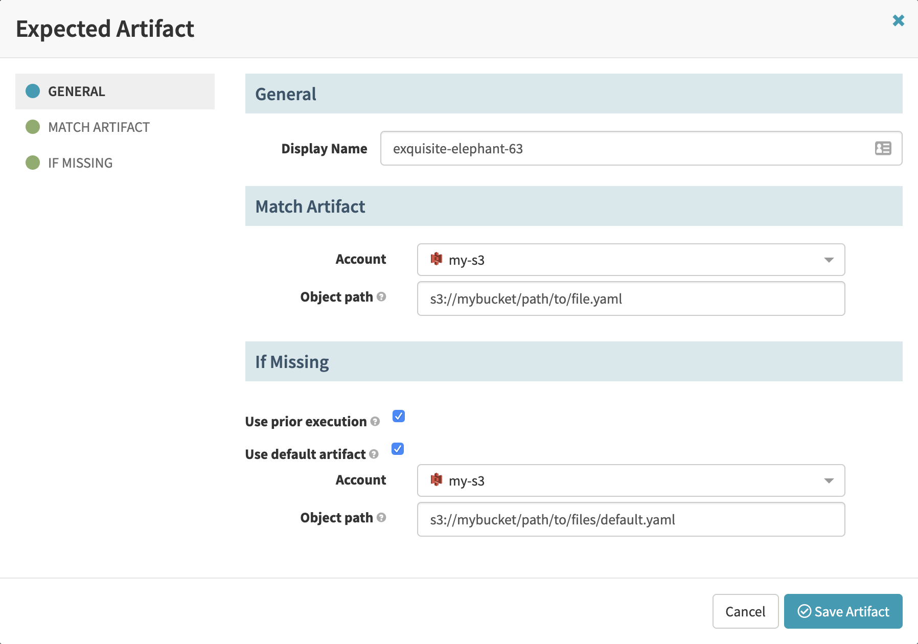 Configuring S3 object fields in a pipeline trigger&rsquo;s expected artifact settings.