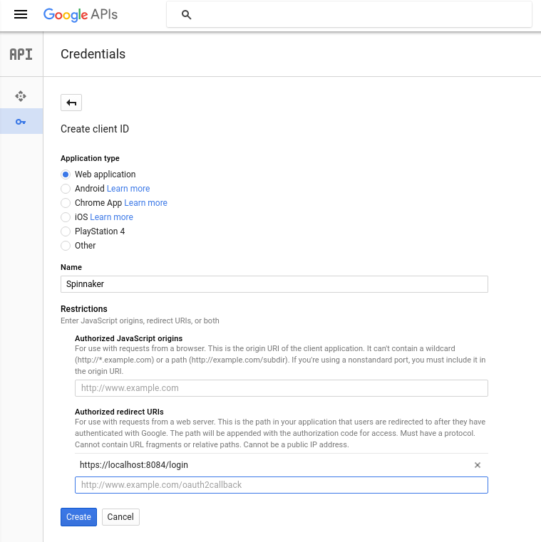 GCP console to create OAuth 2.0 client screenshot