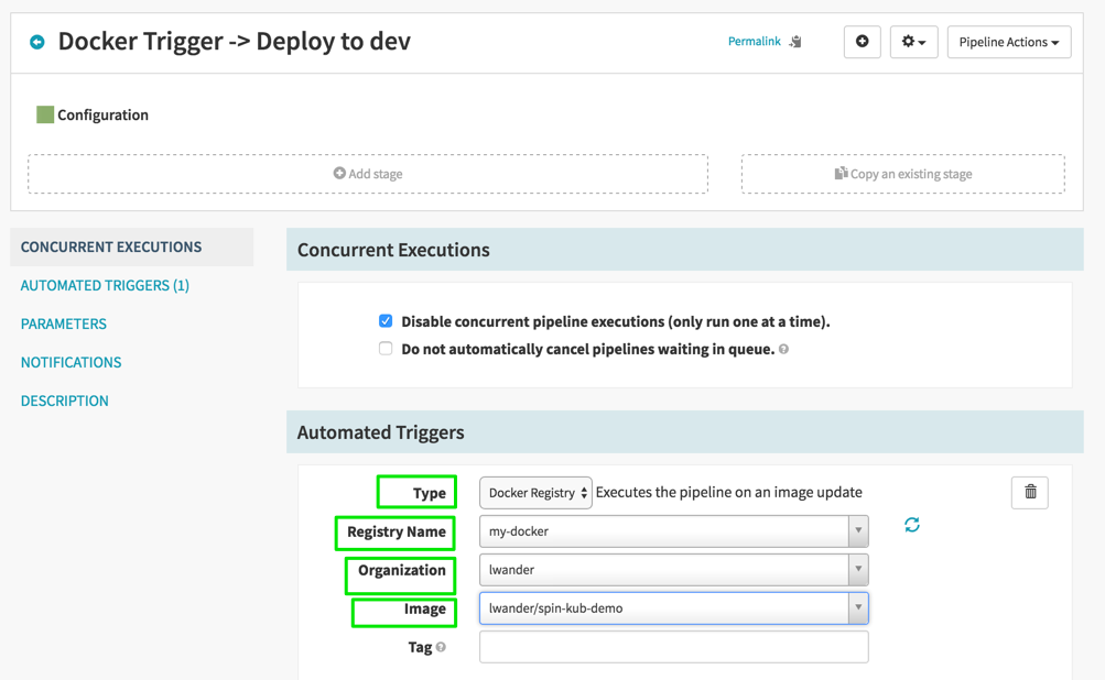 The “Organization” and “Image” will likely be different, as you have set up your own Docker repository. The “Tag” can be a regex matching a tag name patterns for valid triggers. Leaving it blank serves as “trigger on any new tag”.