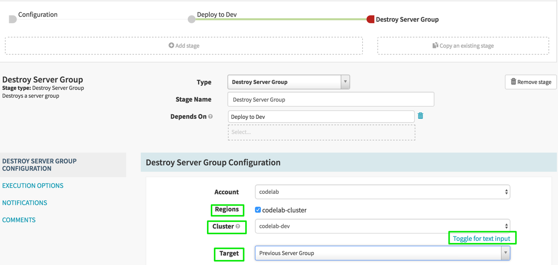 Make sure to select “codelab-cluster” as the region, and “toggle for list of clusters” to make cluster selection easier. (For DC/OS in Spinnaker a “region” is a DC/OS cluster and a “cluster” is a Spinnaker concept for managing server groupp) “Target” needs to be “Previous Server Group”, so whatever was previously deployed is deleted after our newly deployed server group is “Healthy”.