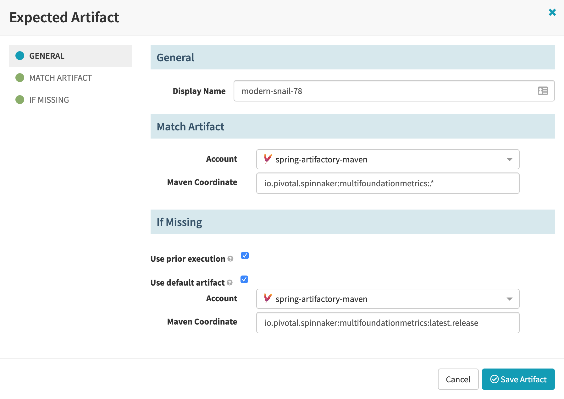 Configuring Maven artifact fields in a pipeline trigger&rsquo;s expected artifact settings.