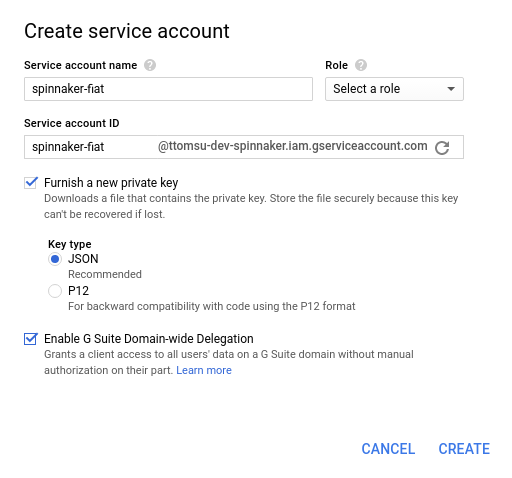 creating a service account for Fiat in GCP console